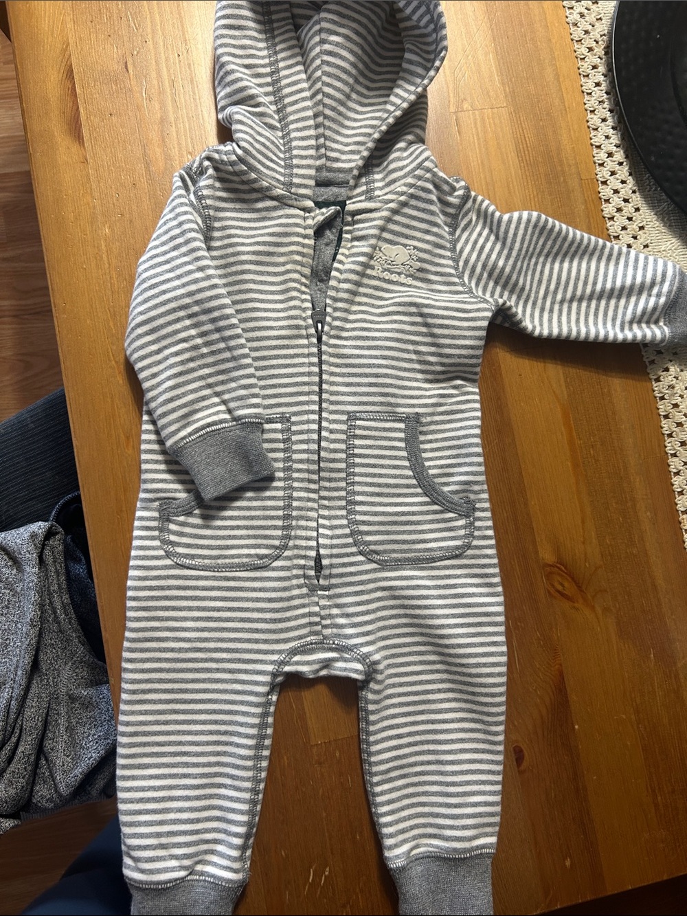 Gray & White Striped Hooded Baby One-Piece